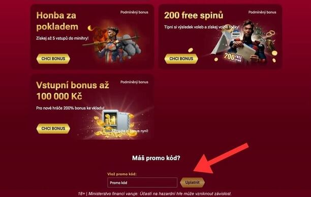 Kolonku pro vložení promo kódu najdete v sekci BONUSY