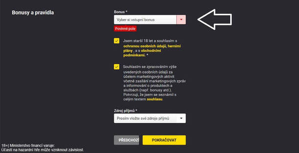 Volbu bonusu, a&nbsp;tudíž i&nbsp;promo kódu, zvolte v&nbsp;registračním formuláři