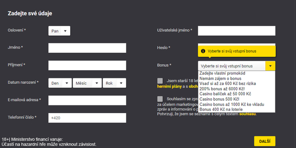 Zvolte si svůj bonus v registračním formuláři Fortuna