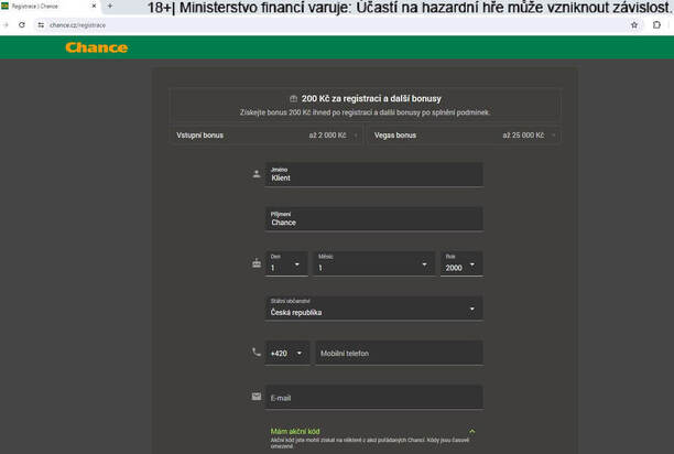 Chance registrace – registrační formulář