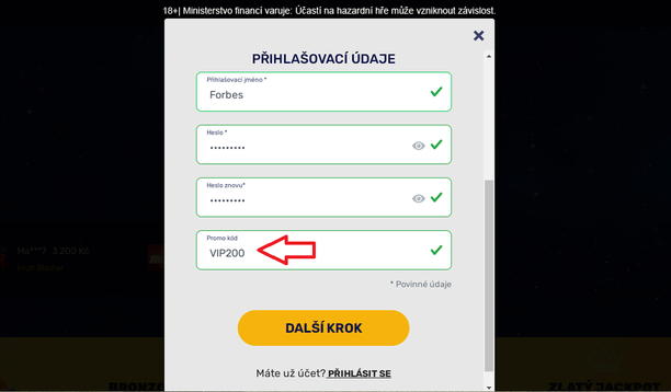 Bonus kód použijte přímo v registračním formuláři Forbes casina