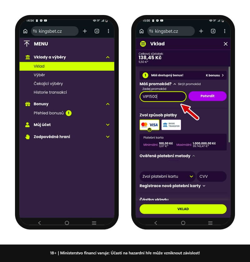 Promo kódy se vepisují vždy do speciálních kolonek – příklad v&nbsp;Kingsbet