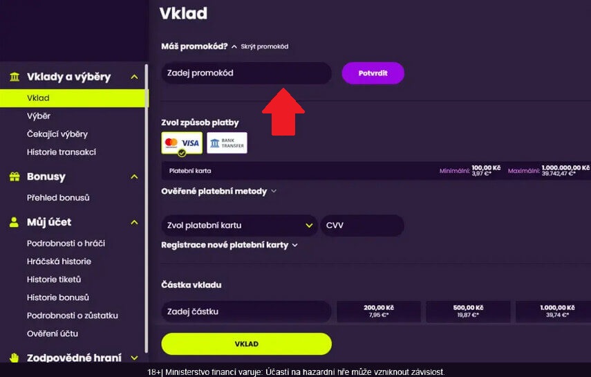 Pro vepsání casino promo kódů jsou v určeny speciální kolonky