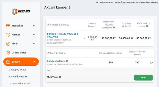 Záložka aktivní kampaně, která nabízí přehled bonusů ke vkladu a free spinů