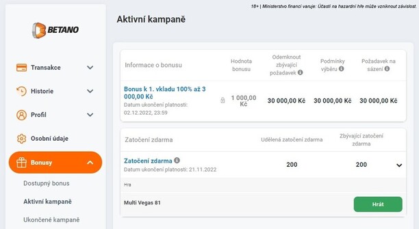 Záložka aktivní kampaně, která nabízí přehled bonusů ke vkladu a free spinů