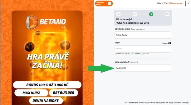 ZDE vyplňte promo kód a získejte za registraci u Betana 200 free spinů extra