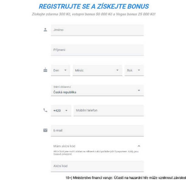 Registrační formulář casina Tipsport