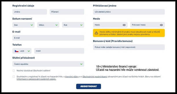 Registrace v online casinu forBET - vyplnění formuláře.