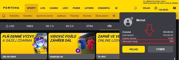 Věrnostní body u&nbsp;Fortuny najdete v&nbsp;panelu vašeho herního konta