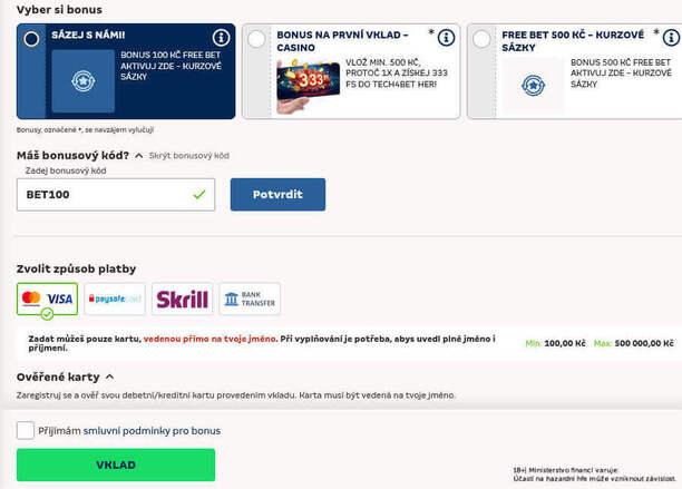 Postup, jak vložit registrační promo kód BET100 u&nbsp;MerkurXtip