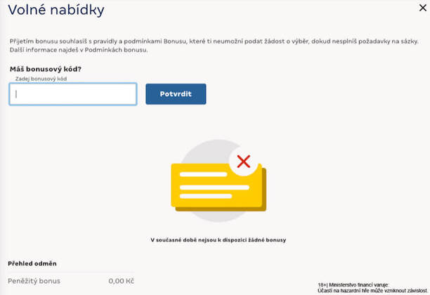 Některé promo kódy MerkurXtip se vkládají do sekce VOLNÉ NABÍDKY