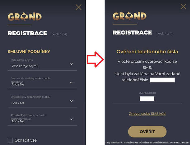 Grandwin registrační formulář pro nové hráče