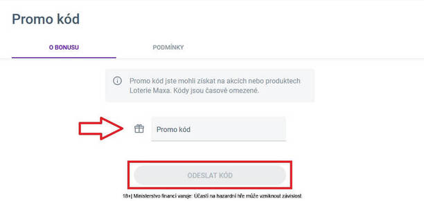 Promo kód vepište do kolonky a&nbsp;potvrďte kliknutím na ODESLAT KÓD