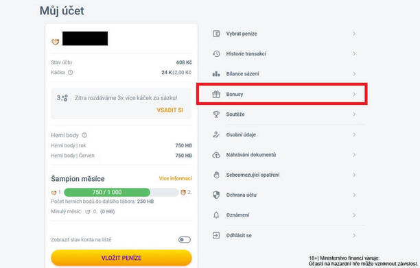 Klikněte v&nbsp;MŮJ ÚČET na záložku BONUSY
